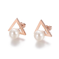 Rose Gold 304 Stainless Steel Stud Earrings, with Plastic Imitation Pearl, Triangle, Rose Gold, 12.9x14.4mm, Pin: 0.6mm