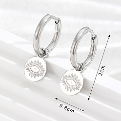 Stainless Steel Color 304 Stainless Steel Hoop Earrings, Flat Round with Evil Eye, Stainless Steel Color, 21x15mm