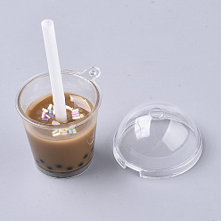 Saddle Brown Openable Acrylic Bottle Big Pendants, with Resin, Polymer Clay Inside and Plastic Straw, Bubble Tea/Boba Milk Tea, Saddle Brown, 64~74x43x37.5mm, Hole: 2.5mm