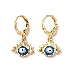 Prussian Blue Evil Eye Golden Brass Dangle Leverback Earrings, with Enamel, Prussian Blue, 25x13.5mm