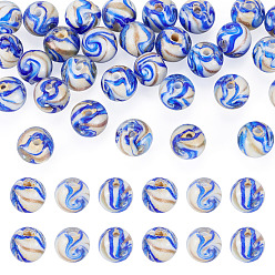 Bleu Royal 30pcs perles de lampwork en sable doré faites à la main, ronde, bleu royal, 10mm, Trou: 1.4mm