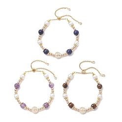 Смешанные камни Браслеты-слайдеры для женщин с круглыми бусинами из латуни, ракушечного жемчуга, синтетического гематита, натурального аметиста, натурального тигрового глаза, натурального лазурита, плоские круглые с Девой Марией, 10-5/8~11 дюйм (27~28 см)