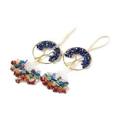 Ляпис-Лазурь Натуральное лазуритовое дерево жизни с кисточками из смешанных драгоценных камней, большие подвесные украшения, с золотыми латунными проводами и нейлоновым шнуром, без кадмия и без свинца, 155~170 мм