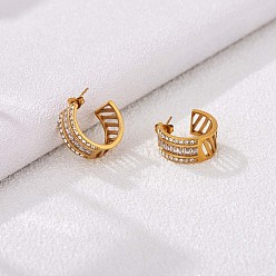 Clear Cubic Zirconia C-shape Stud Earrings, Gold Plated 430 Stainless Steel Half Hoop Earrings for Women, Clear, 20x9mm, Pin: 1mm