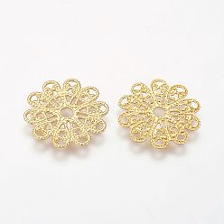 Golden Brass Vintage Filigree Findings, Lead Free and Cadmium Free, Flower, Golden Color, Size: about 17mm in diameter, 0.5mm thick, hole: 2mm