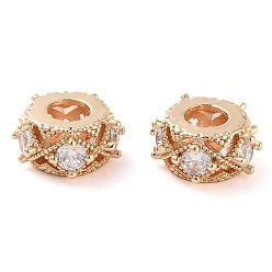 Настоящее золото 18K Латунные микропаве из прозрачного кубического циркония, без кадмия, без никеля и без свинца, плоско-круглые, реальный 18 k позолоченный, 11x5.5 мм, отверстие : 4 мм