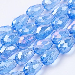 Light Sky Blue Electroplate Glass Beads Strands, AB Color Plated, Faceted Teardrop, Light Sky Blue, 15x10mm, Hole: 1mm, 50pcs/strand, 27.1 inch