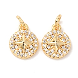 Настоящее золото 18K Латунные микро проложить кубического циркония подвески, плоский круглый со звездными подвесками, с целью перехода в кольце, стойки покрытие, долговечный, реальный 18 k позолоченный, 9.5x7.5x2.5 мм, отверстие : 2.2 мм