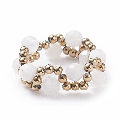 Rainbow Moonstone Кольцо на палец из натурального радужного лунного камня и стеклянных семян, ювелирные изделия из проволоки с драгоценными камнями для женщин, внутренний диаметр: 18~22 мм