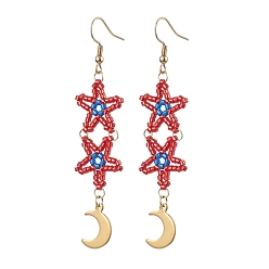 (123L) Белый крем непрозрачный блеск Женские серьги с подвесками из стеклянных бисера и звездочек, с луной 201 подвески из нержавеющей стали, золотые, огнеупорный кирпич, 76x19 мм