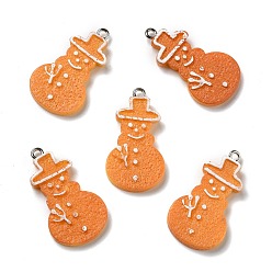 Sandy Brown Opaque Resin Pendants, with Platinum Tone Iron Loops, Imitation Gingerbread, Christmas Theme, Snowman, Sandy Brown, 32x18x4mm, Hole: 2mm
