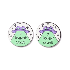 Colorful Opaque Acrylic Pendants, Flat Round with UFO & Word I Wanna Leave, Colorful, 33.5x2mm, Hole: 1.8mm