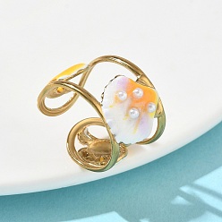 Shell Shape Океан 304 манжета из нержавеющей стали открытые кольца, с эмалью и пластиковой жемчужиной, золотые, формы раковины, 14.5 мм, размер США 7 1/4 (17.5 мм)