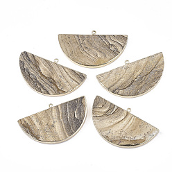 Picture Jasper Electroplate Natural Picture Jasper Semi Circle Pendants, with Iron Findings, Half Round, Golden, 34~35x60.5x4~5.5mm, Hole: 1.8mm