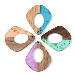 Mixed Color Transparent Resin & Walnut Wood Pendants, with Gold Foil, Teardrop, Mixed Color, 32.5x27.5x3mm, Hole: 2mm