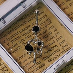 Сердце 304 Изогнутые кольца для живота в форме штанги из нержавеющей стали с черными кубическими цирконами, цвет нержавеющей стали, сердце, длина стержня: 3/8"(10мм), штифты : 1.6 мм