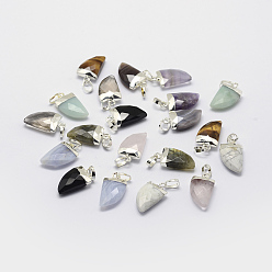 Gemischte Stein Natürlichen Edelstein-Anhänger, mit Messing-Zubehör, langlebig überzogen, facettiert, culstellate, Silberfarbe überzogen, 19x10.5x5 mm, Bohrung: 4x6 mm