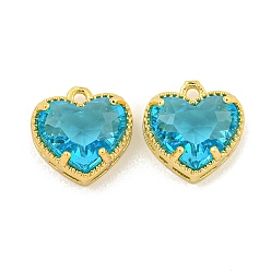 Темно-Голубой Стойки обшивки латунные прелести, со стеклом, долговечный, без свинца и без кадмия, сердце, реальный 18 k позолоченный, глубокое синее небо, 12x12x5.5 мм, отверстие : 1.2 мм