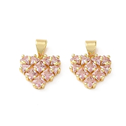 Pink Brass Micro Pave Cubic Zirconia Charms, Heart Charms, Cadmium Free & Lead Free, Rack Plating, Long-Lasting Plated, Real 18K Gold Plated, Pink, 12x13x3mm, Hole: 4x3.5mm