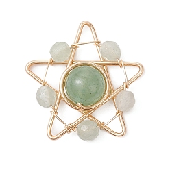 Зеленый Авантюрин Подвески из медной проволоки с натуральным зеленым авантюрином, звезды прелести, золотые, граненые, 24~25x24~26x8~8.5 мм, отверстие : 3x1.5 мм