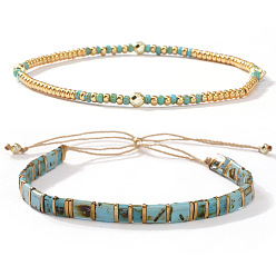 Бирюза 2шт. 2 стильный набор браслетов в богемном стиле из стеклянного бисера с эластичной застежкой и ползунком для женщин, бирюзовые, 11.02 дюйм (28 см)