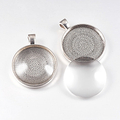 Античное Серебро Поделки кулон решений, с тибетским стилем подвески кабошона и стеклянными кабошонами, без кадмия, без никеля и без свинца, плоско-круглые, античное серебро, 41x33x4 мм, отверстие : 4x5.5 мм, лоток : 30 мм