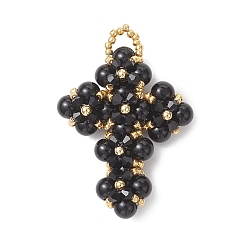 Черный Круглые бусины из натурального черного оникса и подвески-крестики из стеклянного бисера, с латунью и стеклом, чёрные, 49.5x34.5x11.5 мм, отверстие : 5 мм