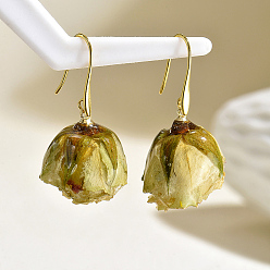 Lemon Chiffon Brass Resin Dangle Earrings for Women, Flower, Inside Dried Flower, Golden, Lemon Chiffon, 35x18.4mm