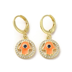 Orange Hamsa Hand Golden Brass Dangle Leverback Earrings, with Enamel and Cubic Zirconia, Orange, 27x12mm
