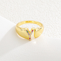 Letter Y Браслет-манжета из латуни с микропаве и цветными кубическими циркониями, открытые кольца., буквы, золотые, Письмо Y, 15~20 мм