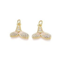 Светло-серый Латунные микропаве прозрачные подвески с фианитом, прелести рыбий хвост, с эмалью, золотые, светло-серый, 13.5~14x15.5~16x3 мм, отверстие : 3 мм, Перейти кольцо: 5x0.8 мм, внутренний диаметр: 3 мм