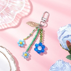 Синий Подвесные украшения в виде цветов из кошачьего глаза и стеклянных бусинок, Сплав с застежками, платина, синие, 110 мм