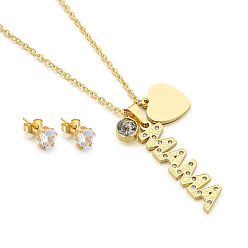 Золотой День матери 304 ювелирные наборы из нержавеющей стали, Серьги-гвоздики со стразами и колье с подвеской в виде сердца со словом «мама»., золотые, 15.74" (40 см), 6 мм