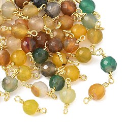 Золотистый Крашеный натуральный агат граненые круглые подвески-соединители, с петлями из латунной проволоки, реальный 18 k позолоченный, стойки покрытие, долговечный, золотые, 14x6 мм, отверстие : 1.2 мм