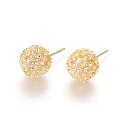 Golden Brass Micro Pave Clear Cubic Zirconia Stud Earrings, Ball Stud Earrings, Golden, 23.5x11.5mm, Pin: 0.8mm