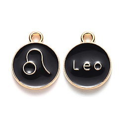 Leo Alloy Enamel Pendants, Cadmium Free & Lead Free, Flat Round with Constellation, Light Gold, Black, Leo, 22x18x2mm, Hole: 1.5mm