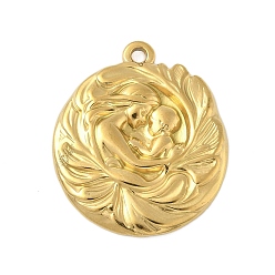Настоящее золото 18K День матери 304 кулоны из нержавеющей стали, плоские круглые подвески для мамы и малыша, ионное покрытие (ip), реальный 18 k позолоченный, 28x24x3 мм, отверстие : 1.8 мм