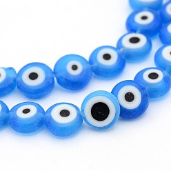 Cyan Handmade Lampwork Beads, Evil Eye, Flat Round, Cyan, about 8mm in diameter, 4mm thick, hole: 1mm, about 50pcs/strand