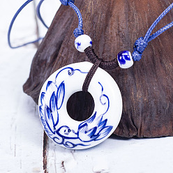 Ring Ретро этнический фарфоровый кулон регулируемые ожерелья из полиэстерового шнура для женщин, синий и белый, кольцо, 23.62 дюйм (60 см)