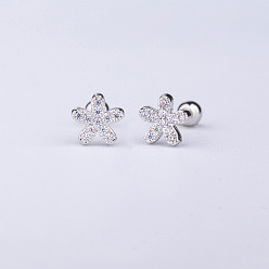 Цветок Серьги-гвоздики с латунным паве из прозрачного кубического циркония, с 316 l хирургическими штифтами из нержавеющей стали, цвет нержавеющей стали, цветок, Длина стержня: 6мм, штифты : 0.8 мм