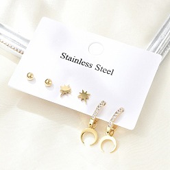 Настоящее золото 18K 304 комплекты серег из нержавеющей стали со стразами в форме луны и звезды и круглыми серьгами, ионное покрытие (ip), реальный 18 k позолоченный, 22x8 мм