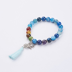 Mixed Color Chakra Jewelry, Cotton Thread Tassel Charm Bracelets, with Natural & Synthetic Gemstone and Zinc Alloy Lotus Flower Beads, Mixed Color, 2 inch(50mm)
