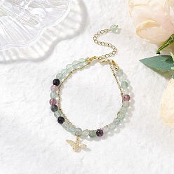 Флюорит Многорядные браслеты из натуральных круглых бусин флюорита, латунные браслеты с подвесками в виде пчел для женщин, 7-5/8 дюйм (19.5 см)