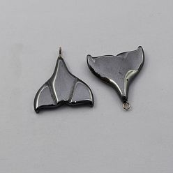 Black Non-magnetic Hematite Pendants, Grade A, with Iron Findings, Whale Tail Shape, Black, 19.5x16x3mm, Hole: 1mm