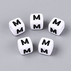 Letter M Opaque Acrylic Beads, Cube with Number, with Enamel, Black, Letter M, 7.5~8x7.5~8x8~8.5mm, Hole: 3.6~4mm, about 1200pcs/500g