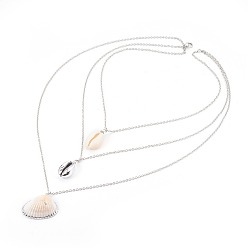 Stainless Steel Color 316 Surgical Stainless Steel Tiered Necklaces, 3 Layer Necklaces, with Shell and Cowrie Shell Beads, Stainless Steel Color, 16.33 inch(41.5cm)