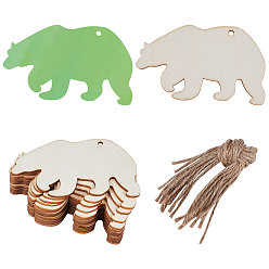 Медведь Тема животных незаконченные пустые деревянные подвески набор для рисования искусство, пирография, домашнего декора, с джутовым шнуром, медведь, 5.8x10.1x0.2 см, отверстие : 3.5 мм, 20 шт