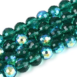 чирок Гальванизируйте прозрачное стекло бисер нитей, круглые, граненый(96 граненый), с половинным покрытием ab цвета, зелено-синие, 7.5~8 мм, отверстие : 1~1.4 мм, около 68~69 шт / нитка, 19.49~19.88 дюйм (49.5~50.5 см)