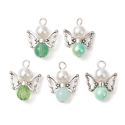 Lime Green Imitation Pearl Acrylic Pendants, with Alloy Wings and Glass Beads, Angel, Lime Green, 23x18x3mm, Hole: 3mm