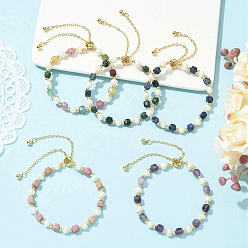 Смешанные камни Регулируемые браслеты-слайдеры для женщин с натуральными драгоценными камнями и культивированным пресноводным жемчугом., куб и самородки, 10.24~10.43 дюйм (26~26.5 см)